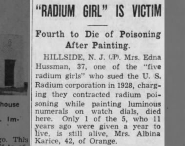 Radium Girl fourth to die of poisoning
